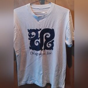 White T-Shirt with Blue Abstract Dragon Logo, Size M